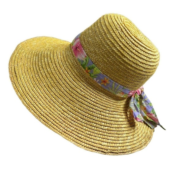 Tropical Trends 100% Natural Straw Hat One Size Wide Brim Beach Floral S… - Picture 1 of 8